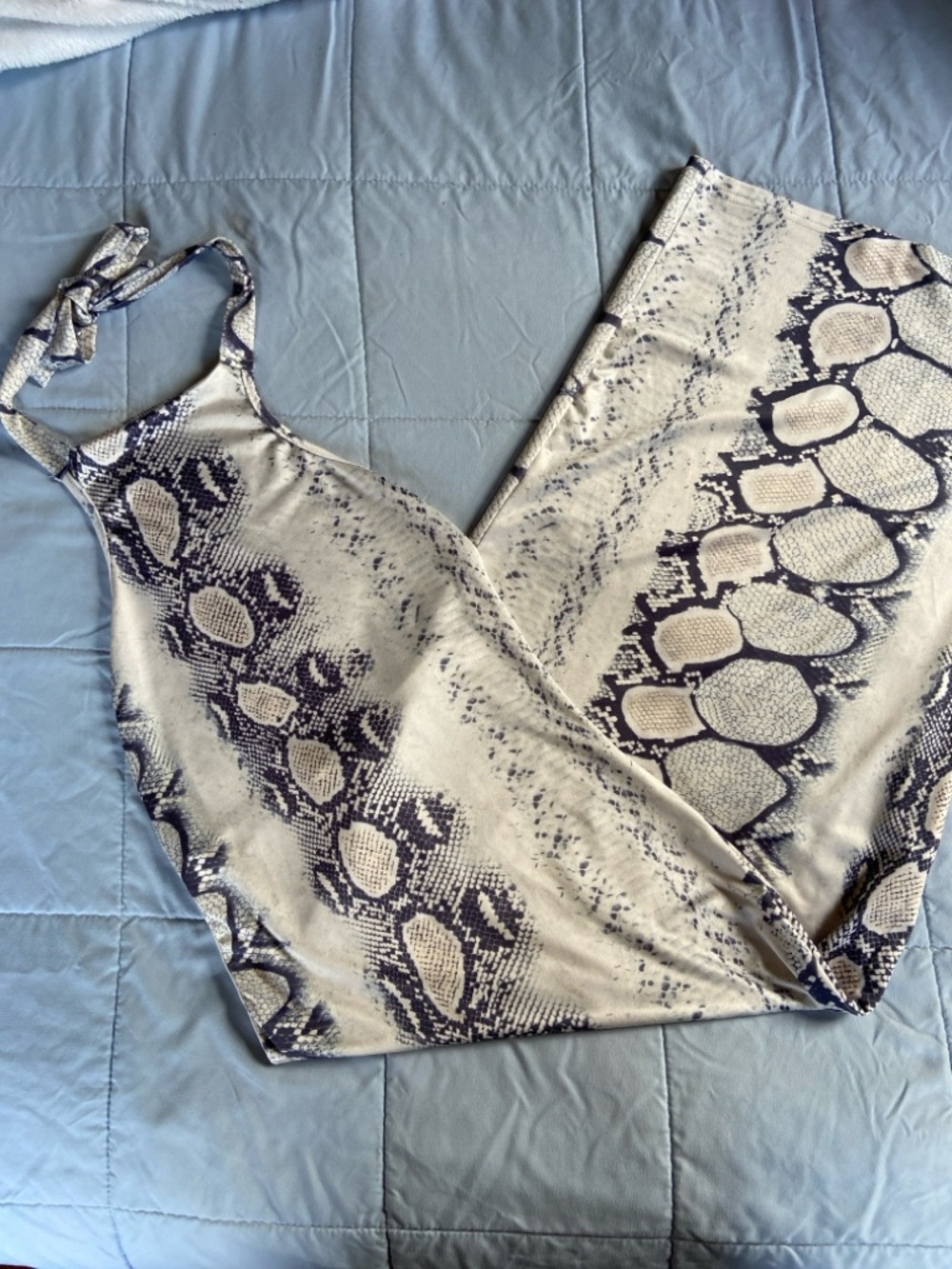 SHEIN Snake Print Halter Neck Maxi Dress in White and Navy